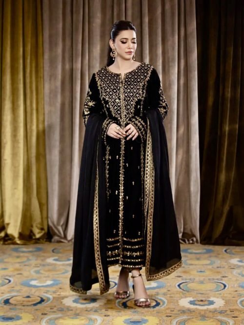 cd855786-ef40-46c4-952d-84d04dcc63d2 Velvet Black Designer Suit with Golden Work Front Slit - 3Pc