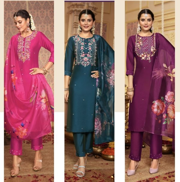 Modal Viscouse Casual Suit with Embroidery - 3Pc