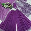 Georgette 3Pc Gharara Suit - Kurti, Gharara & Dupatta - Purple Wine