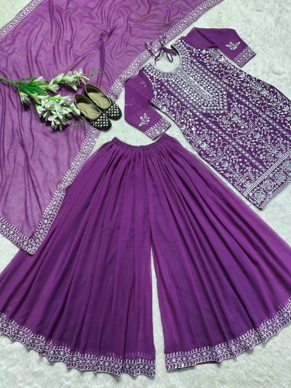 Georgette 3Pc Gharara Suit - Kurti, Gharara & Dupatta - Purple Wine
