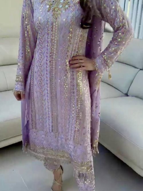 e34c9861-8fe8-4ea4-a7d2-f9da5afb5ca4 Georgette 3Pc Straight Suit - Kurti, Gharara & Dupatta - Lilac