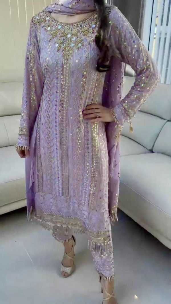 Georgette 3Pc Straight Suit - Kurti, Gharara & Dupatta - Lilac