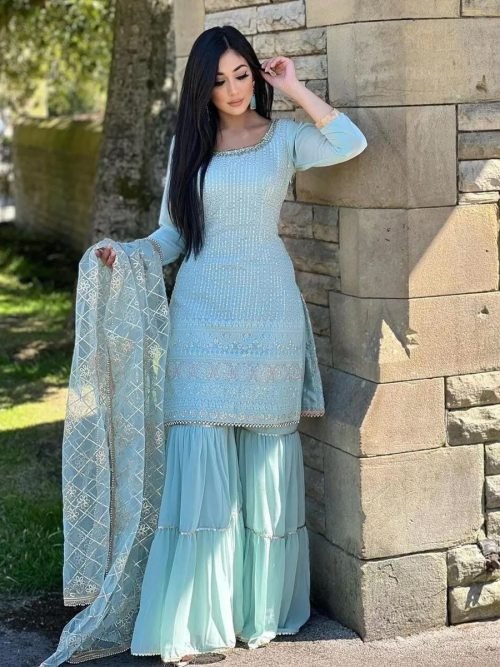 eca21369-1c43-485d-a051-e2f80373de73 Georgette 3Pc Gharara Suit - Kurti, Gharara & Dupatta - Sky Blue