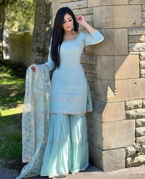 Georgette 3Pc Gharara Suit - Kurti, Gharara & Dupatta - Sky Blue
