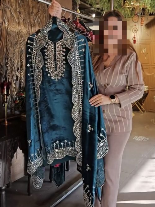 Velvet Designer Suit with Golden Work and Velvet Dupatta - 3Pc