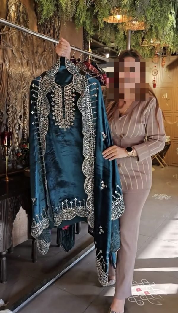 Velvet Designer Suit with Golden Work and Velvet Dupatta - 3Pc