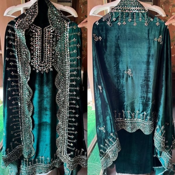 Velvet Designer Suit with Golden Work and Velvet Dupatta - 3Pc