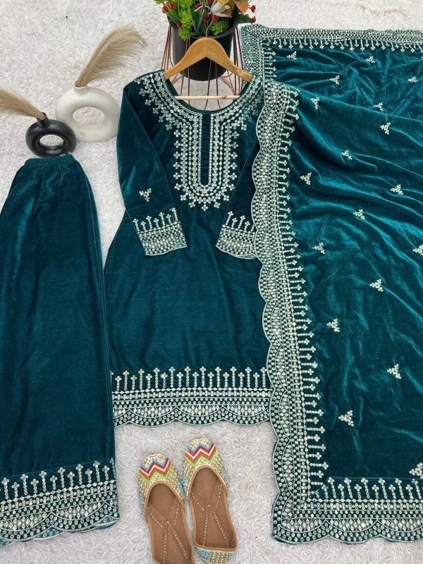 Velvet Designer Suit with Golden Work and Velvet Dupatta - 3Pc