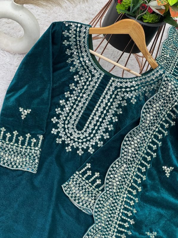 Velvet Designer Suit with Golden Work and Velvet Dupatta - 3Pc