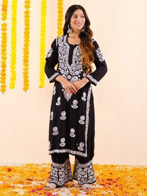 Malmal Kurta and Plazo Sets - 2Pc - Black & White - Chikankari Hand embroidered