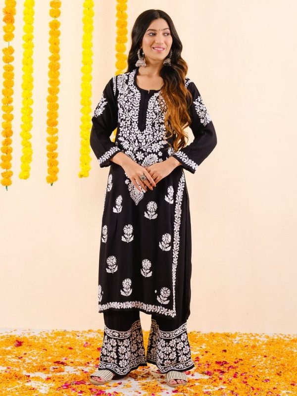 Malmal Kurta and Plazo Sets - 2Pc - Black & White - Chikankari Hand embroidered