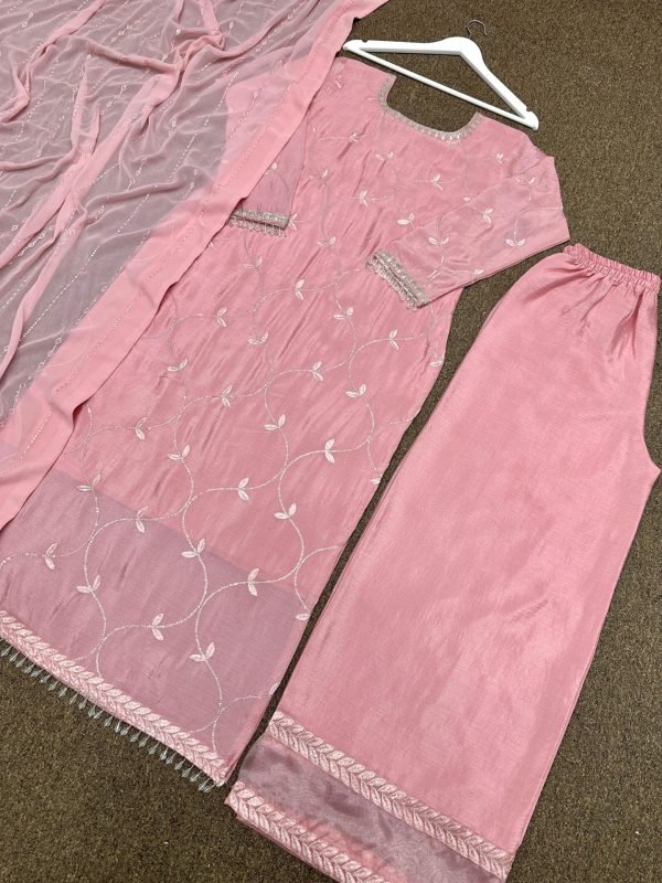 Chinnon Silk Straight Designer Suit- 3Pc Kurti, Pant & Dupatta - Peach