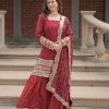 Georgette with Sequence work Gharara Suit - 3Pc - Olive Green / Red