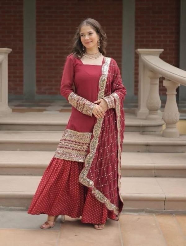 Georgette with Sequence work Gharara Suit - 3Pc - Olive Green / Red