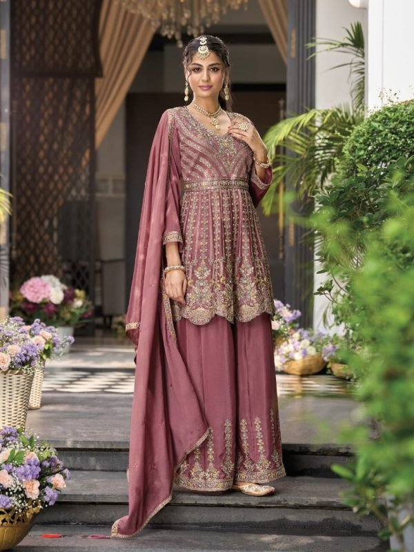 Chinnon Shimmer Zari Silk - 3Pc Full Suit - Mustard, Tea Pink, Green