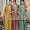 Chinnon Shimmer Zari Silk - 3Pc Full Suit - Mustard, Tea Pink, Green