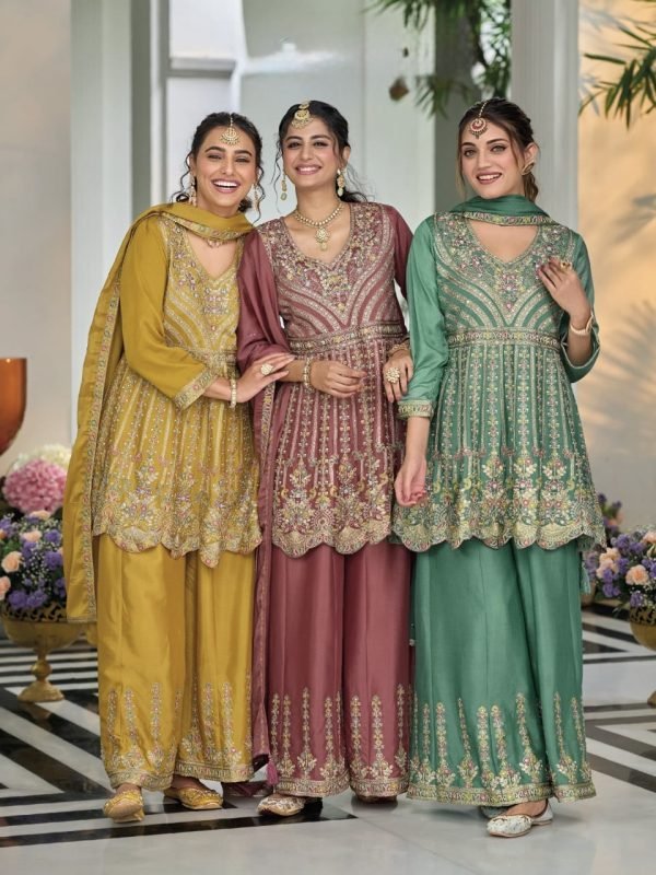 Chinnon Shimmer Zari Silk - 3Pc Full Suit - Mustard, Tea Pink, Green