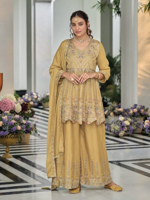 Chinnon Shimmer Zari Silk - 3Pc Full Suit - Mustard, Tea Pink, Green