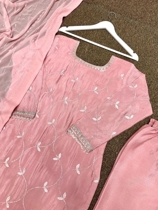 Chinnon Silk Straight Designer Suit- 3Pc Kurti, Pant & Dupatta - Peach