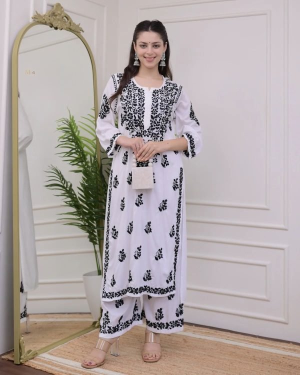 Malmal Kurta and Plazo Sets - 2Pc - Black & White - Chikankari Hand embroidered