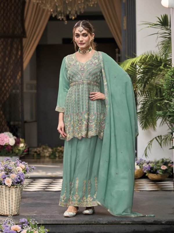 Chinnon Shimmer Zari Silk - 3Pc Full Suit - Mustard, Tea Pink, Green