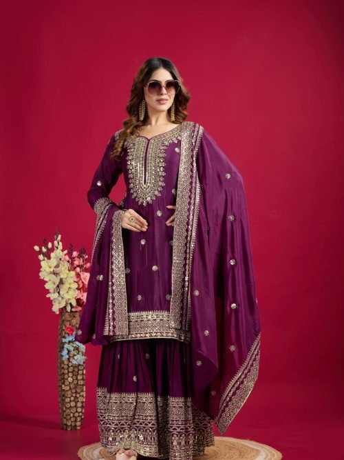 Georgette 3Pc Gharara Suit - Kurti, Gharara & Dupatta - 4 Colors Black, Plum, Hot Pink, White