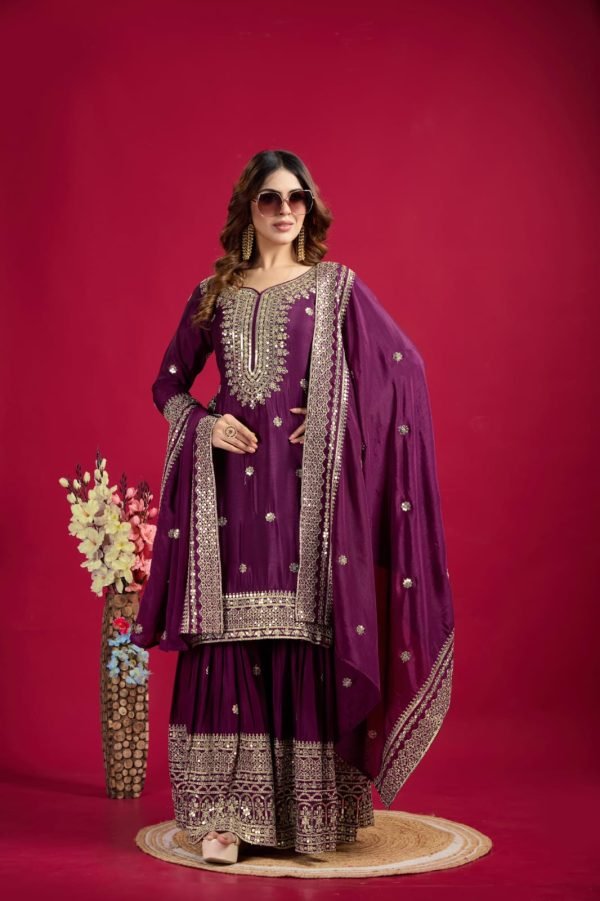 Georgette 3Pc Gharara Suit - Kurti, Gharara & Dupatta - 4 Colors Black, Plum, Hot Pink, White
