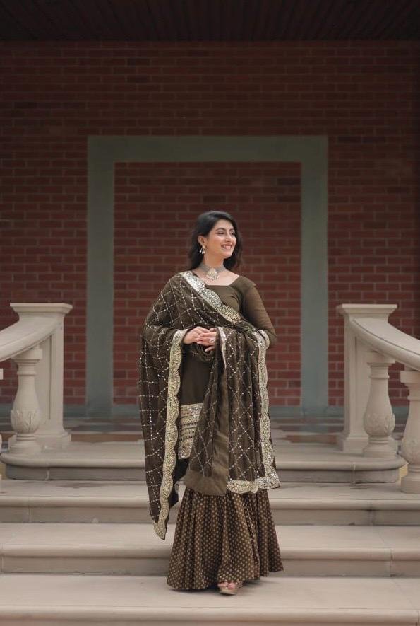 Georgette with Sequence work Gharara Suit - 3Pc - Olive Green / Red