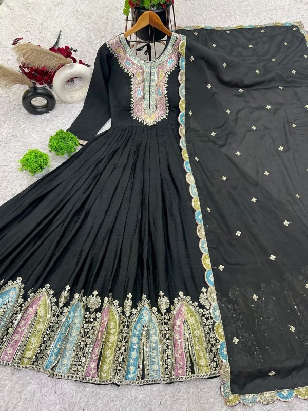 Mysore Chinnon Silk Anarkali Dress with Silk Dupatta - 2Pc - Ivory White / Black