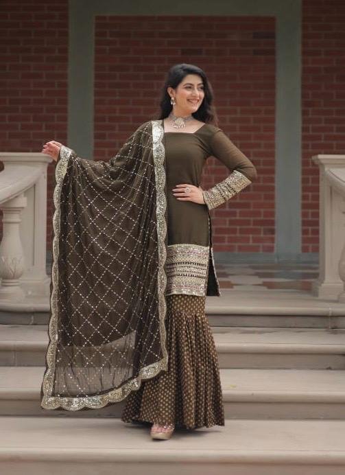 Georgette with Sequence work Gharara Suit - 3Pc - Olive Green / Red
