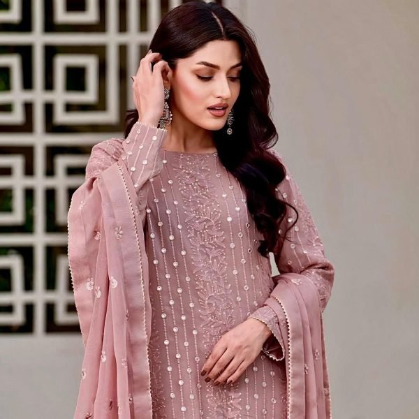 Faux Georgette 3Pc Gharara Suit - Kurti, Gharara & Dupatta - Tea Pink