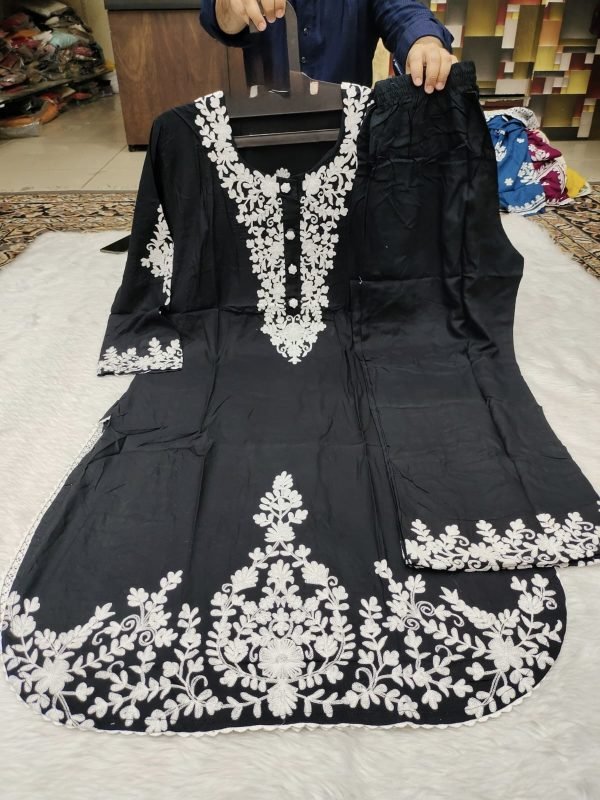 Malmal Kurta and Plazo Sets - 2Pc White Ari Work Embroidery on Black