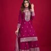 Georgette 3Pc Gharara Suit - Kurti, Gharara & Dupatta - 4 Colors Black, Plum, Hot Pink, White