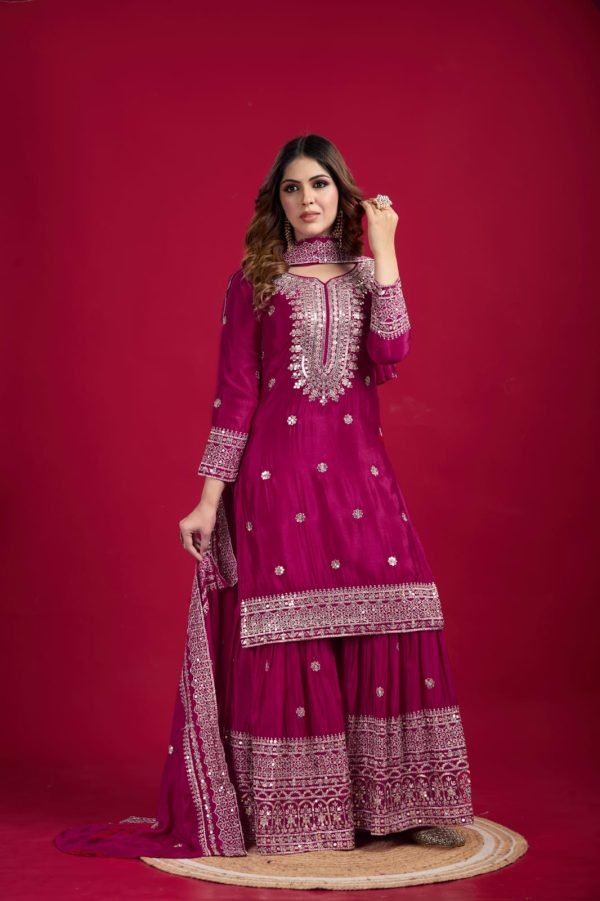 Georgette 3Pc Gharara Suit - Kurti, Gharara & Dupatta - 4 Colors Black, Plum, Hot Pink, White