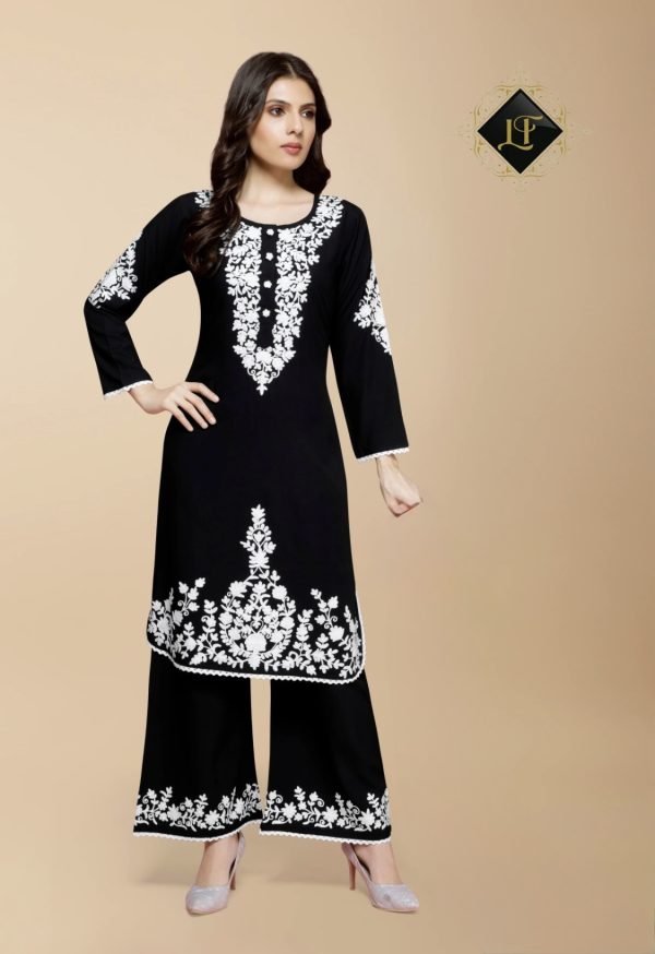 Malmal Kurta and Plazo Sets - 2Pc White Ari Work Embroidery on Black