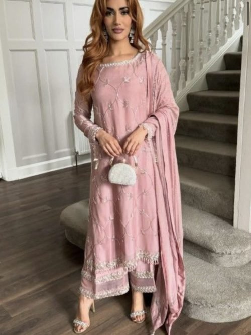 Chinnon Silk Straight Designer Suit- 3Pc Kurti, Pant & Dupatta - Peach