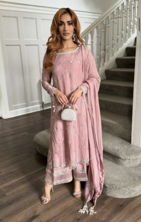 Chinnon Silk Straight Designer Suit- 3Pc Kurti, Pant & Dupatta - Peach