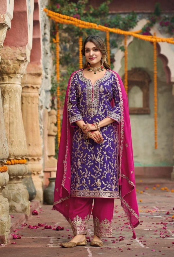 Chinnon Shimmer Zari Silk - 3Pc Full Suit - Pink, Ferozi, Purple