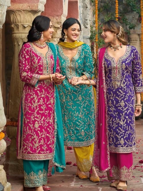 Chinnon Shimmer Zari Silk - 3Pc Full Suit - Pink, Ferozi, Purple