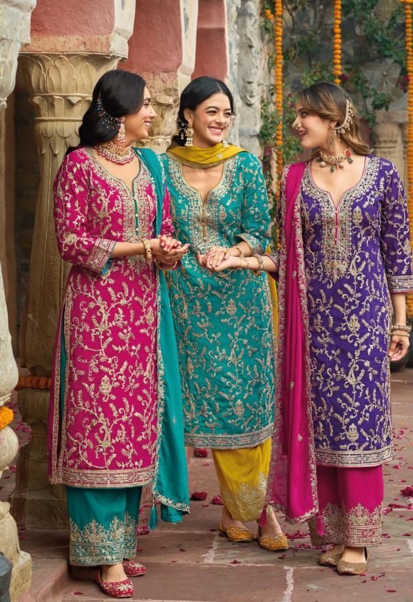 Chinnon Shimmer Zari Silk - 3Pc Full Suit - Pink, Ferozi, Purple