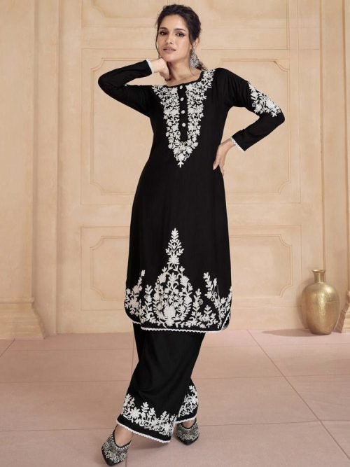 Malmal Kurta and Plazo Sets - 2Pc White Ari Work Embroidery on Black