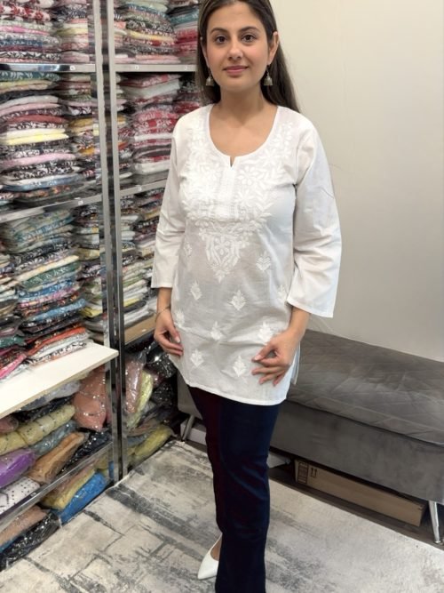 Cotton Short Chikankari Kurti - White (Holi Special)