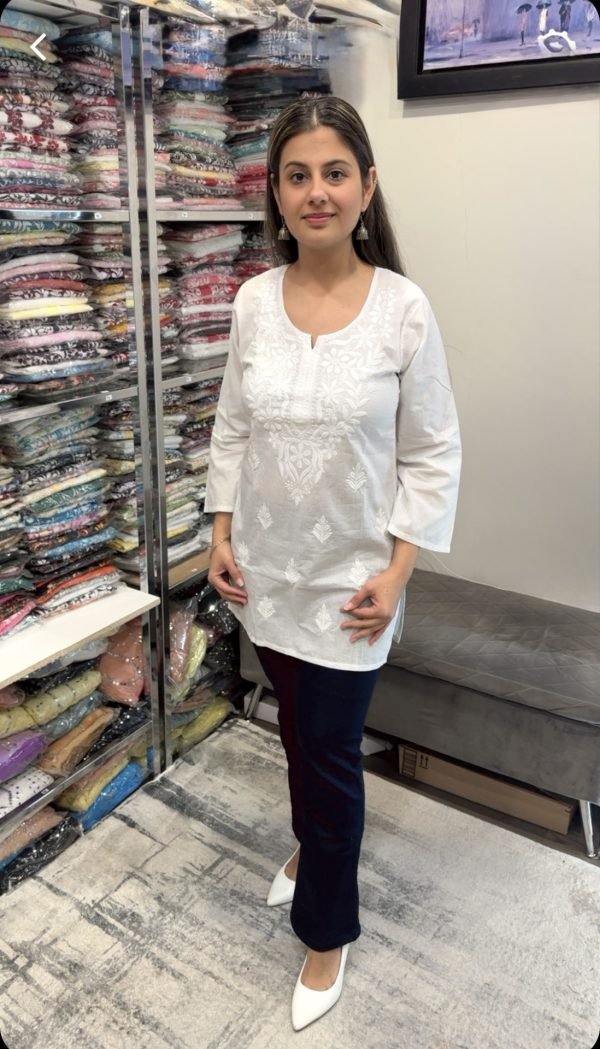 IMG_5586 Cotton Short Chikankari Kurti - White (Holi Special)