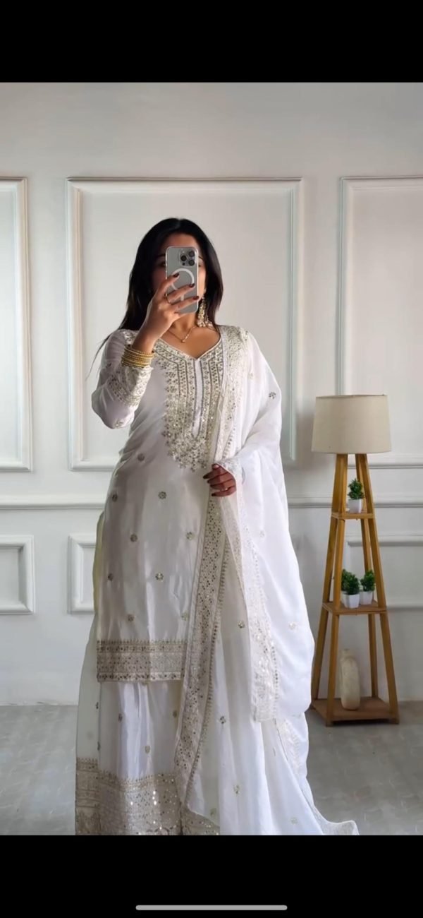 Georgette 3Pc Gharara Suit - Kurti, Gharara & Dupatta - 4 Colors Black, Plum, Hot Pink, White