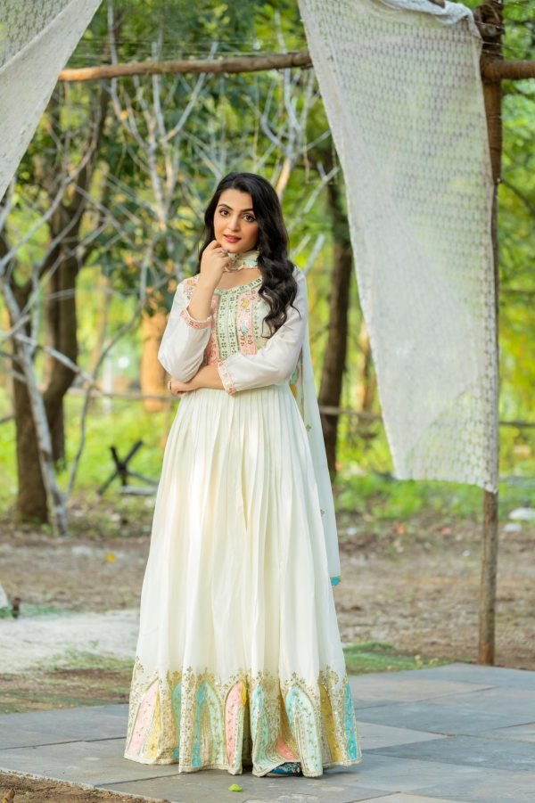 Mysore Chinnon Silk Anarkali Dress with Silk Dupatta - 2Pc - Ivory White / Black