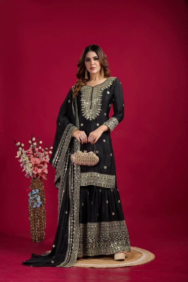 Georgette 3Pc Gharara Suit - Kurti, Gharara & Dupatta - 4 Colors Black, Plum, Hot Pink, White