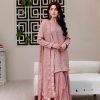 Faux Georgette 3Pc Gharara Suit - Kurti, Gharara & Dupatta - Tea Pink