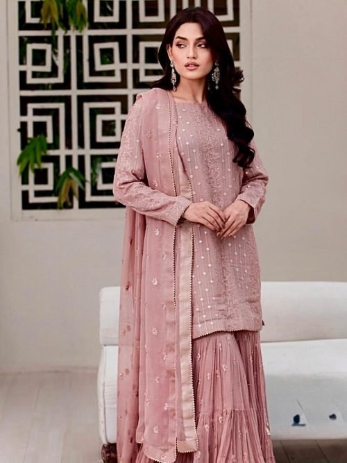Faux Georgette 3Pc Gharara Suit - Kurti, Gharara & Dupatta - Tea Pink