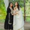 Mysore Chinnon Silk Anarkali Dress with Silk Dupatta - 2Pc - Ivory White / Black
