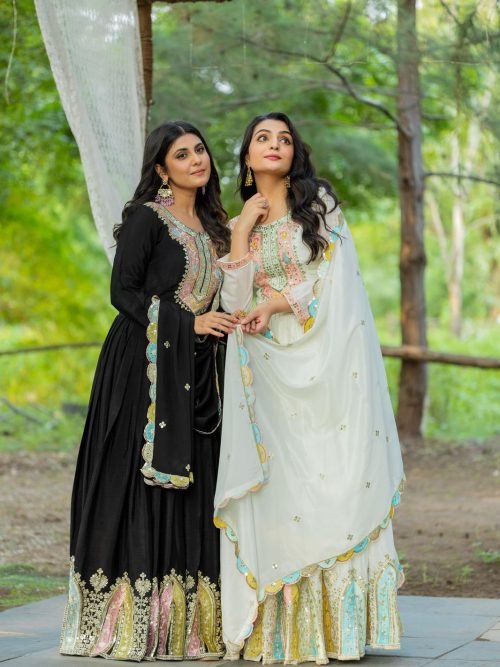 Mysore Chinnon Silk Anarkali Dress with Silk Dupatta - 2Pc - Ivory White / Black